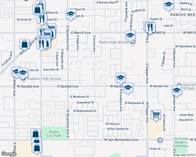 map of restaurants, bars, coffee shops, grocery stores, and more near 851 South Acacia Avenue in Rialto