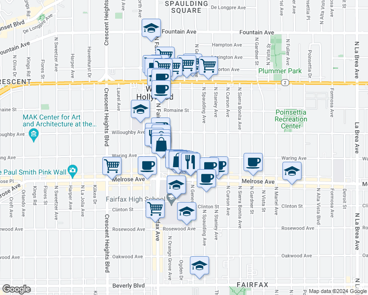 map of restaurants, bars, coffee shops, grocery stores, and more near 822 North Ogden Drive in Los Angeles