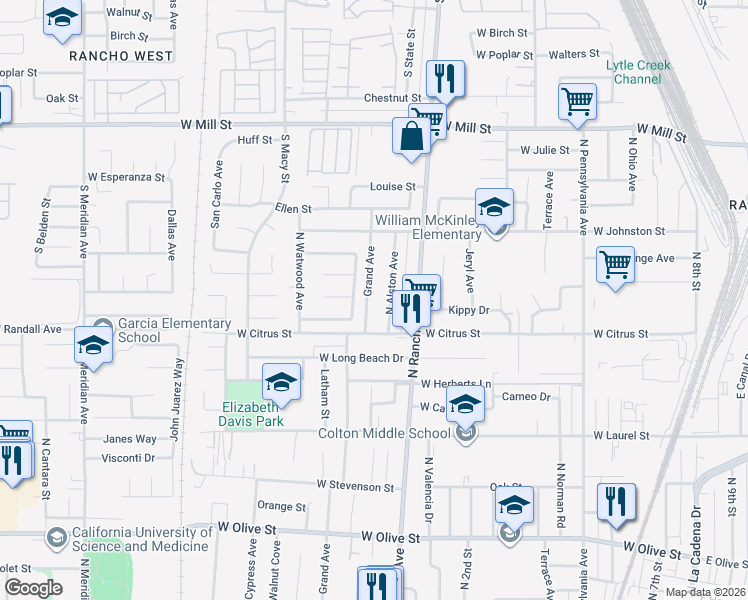 map of restaurants, bars, coffee shops, grocery stores, and more near 1654 Grand Avenue in Colton