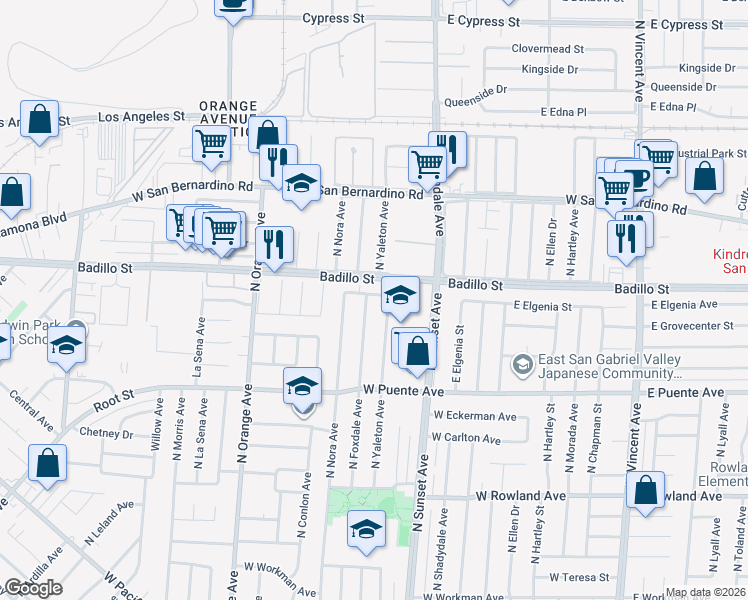map of restaurants, bars, coffee shops, grocery stores, and more near 829 North Foxdale Avenue in West Covina