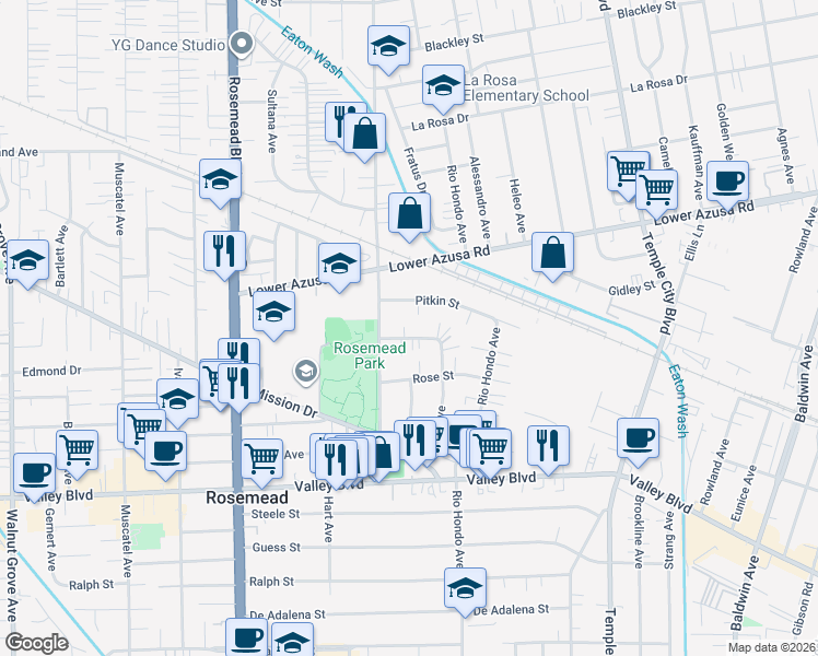 map of restaurants, bars, coffee shops, grocery stores, and more near 9233 Rio Dell Street in Rosemead