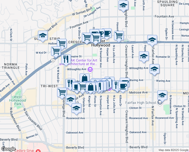 map of restaurants, bars, coffee shops, grocery stores, and more near 826 North Kings Road in West Hollywood
