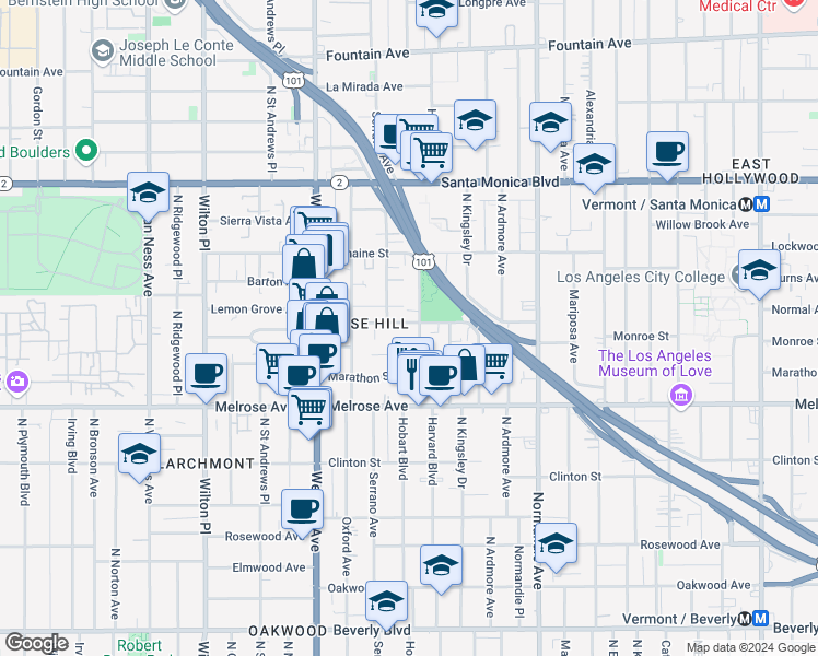 map of restaurants, bars, coffee shops, grocery stores, and more near 5008 Lemon Grove Avenue in Los Angeles