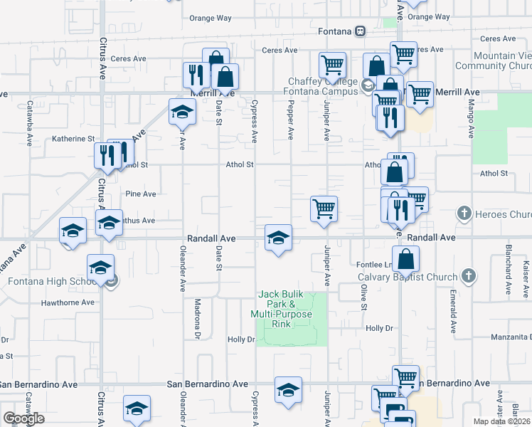 map of restaurants, bars, coffee shops, grocery stores, and more near 9223 Cypress Avenue in Fontana