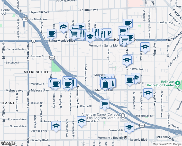map of restaurants, bars, coffee shops, grocery stores, and more near 807 North Alexandria Avenue in Los Angeles