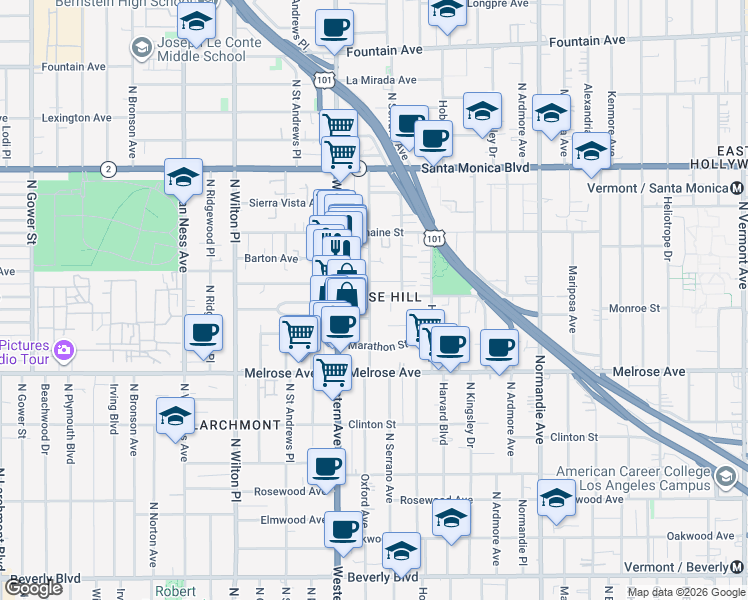 map of restaurants, bars, coffee shops, grocery stores, and more near 5086 Lemon Grove Avenue in Los Angeles