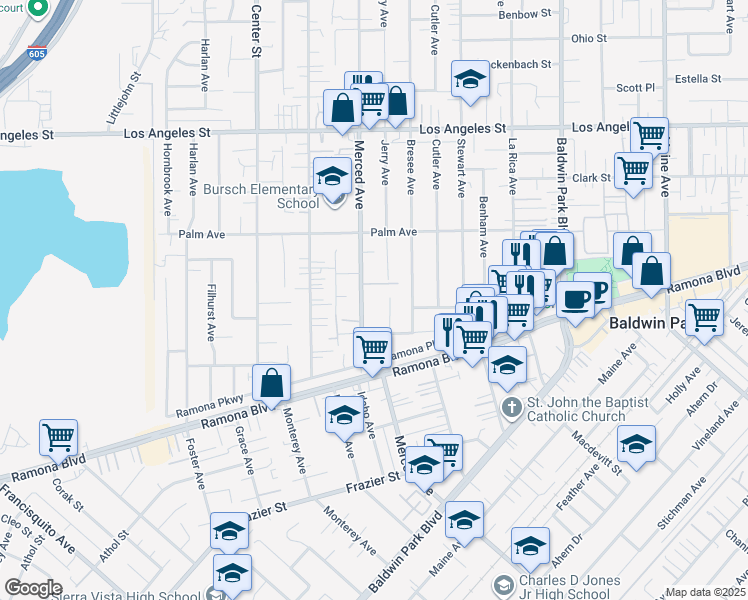 map of restaurants, bars, coffee shops, grocery stores, and more near 4024 Merced Avenue in Baldwin Park
