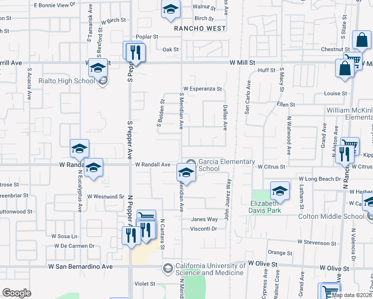 map of restaurants, bars, coffee shops, grocery stores, and more near 2685 Los Robles Avenue in San Bernardino