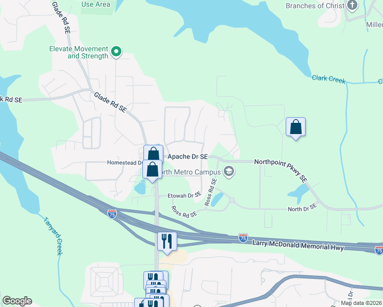 map of restaurants, bars, coffee shops, grocery stores, and more near 4250 Apache Drive Southeast in Acworth