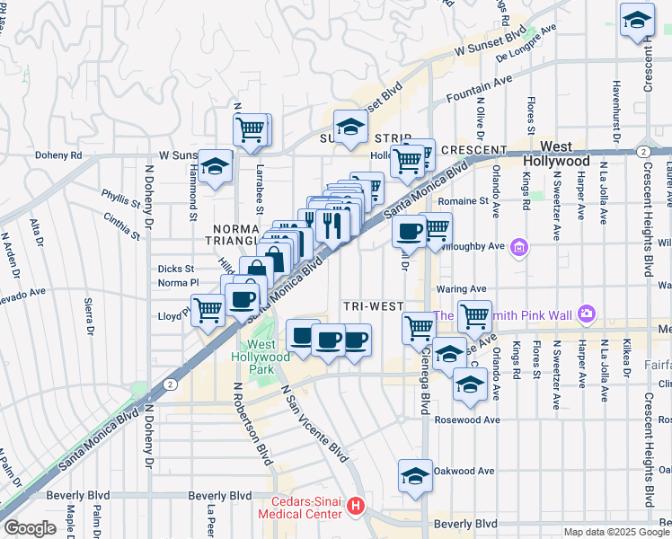 map of restaurants, bars, coffee shops, grocery stores, and more near Huntley Drive in West Hollywood
