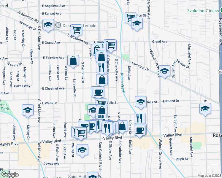 map of restaurants, bars, coffee shops, grocery stores, and more near 1202 South Gladys Avenue in San Gabriel