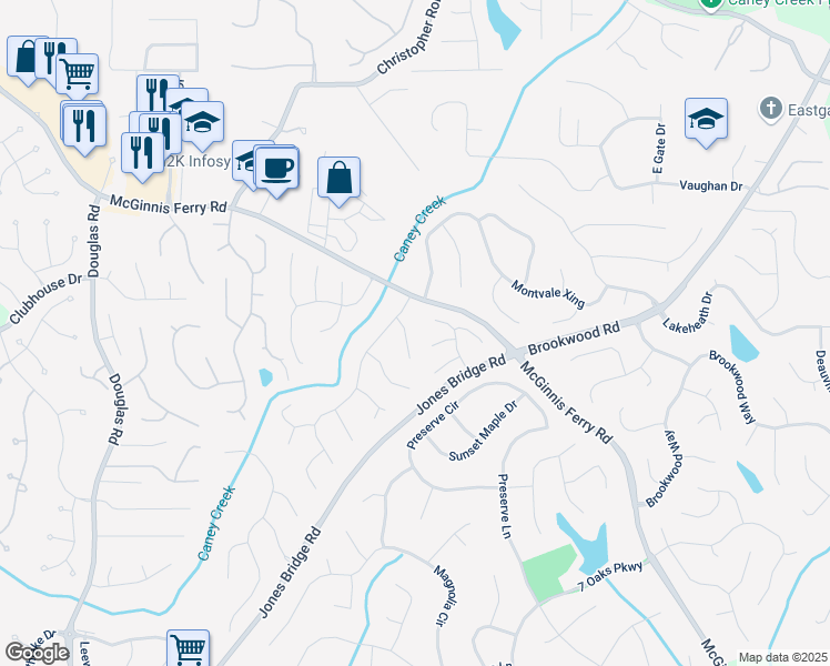map of restaurants, bars, coffee shops, grocery stores, and more near 120 Ashewoode Downs Lane in Alpharetta