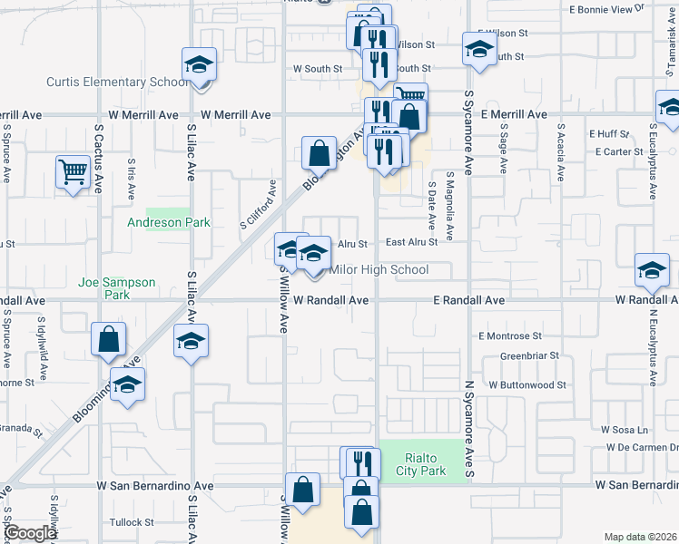 map of restaurants, bars, coffee shops, grocery stores, and more near 166 West Fromer Street in Rialto