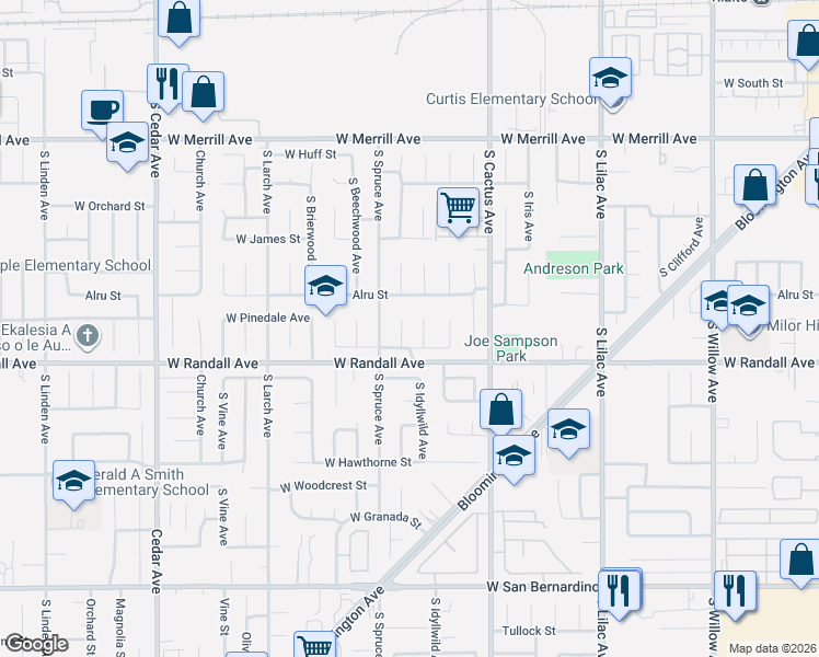map of restaurants, bars, coffee shops, grocery stores, and more near 848 South Arrowhead Avenue in Rialto