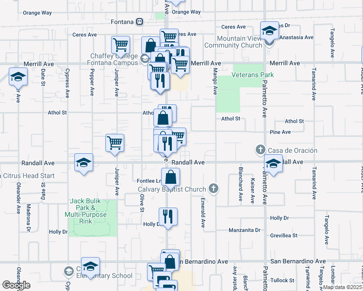 map of restaurants, bars, coffee shops, grocery stores, and more near 9259 Sierra Avenue in Fontana
