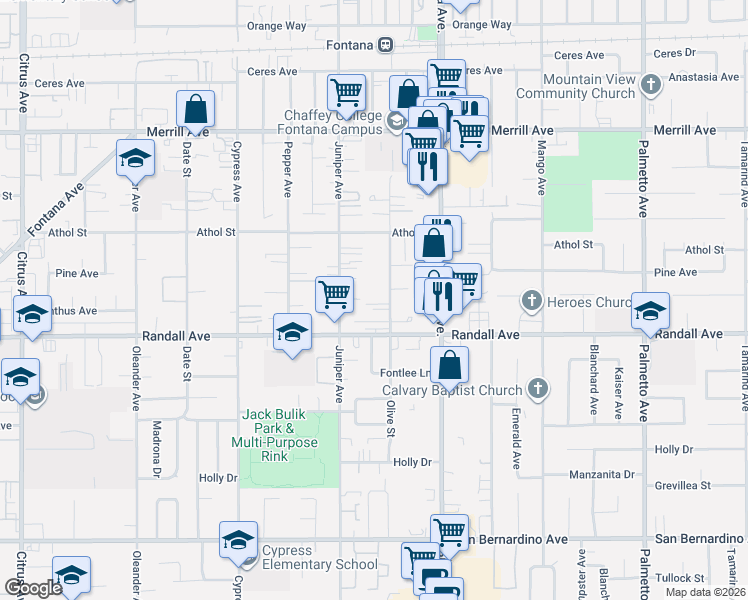 map of restaurants, bars, coffee shops, grocery stores, and more near 9248 Olive Street in Fontana