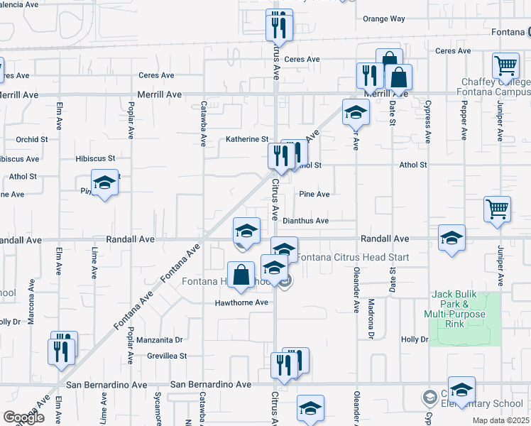 map of restaurants, bars, coffee shops, grocery stores, and more near 9250 Citrus Avenue in Fontana