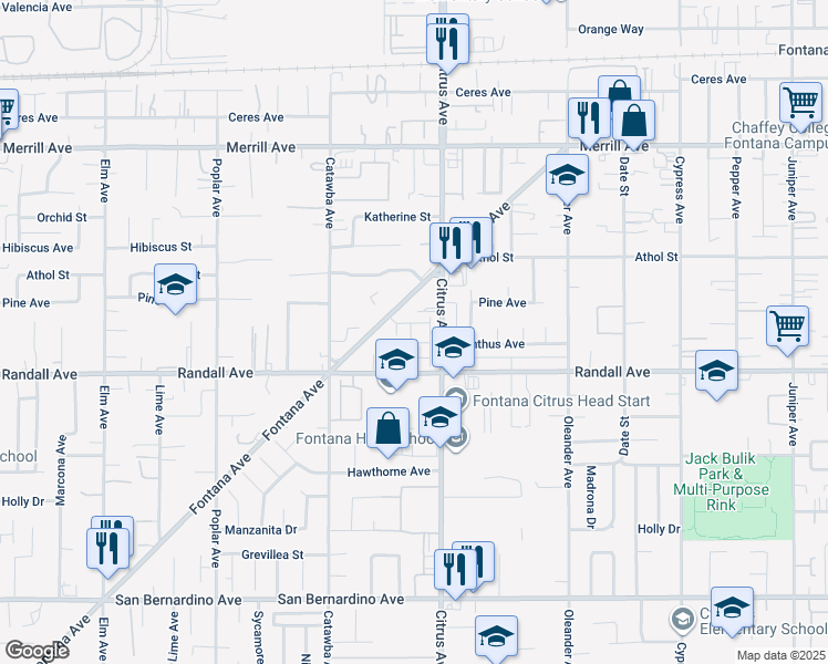 map of restaurants, bars, coffee shops, grocery stores, and more near 9250 Citrus Avenue in Fontana