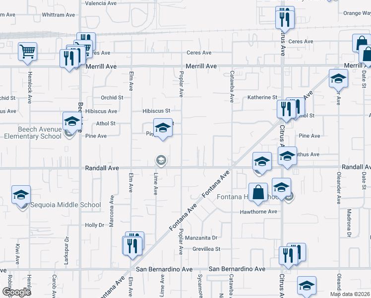 map of restaurants, bars, coffee shops, grocery stores, and more near 9235 Poplar Avenue in Fontana