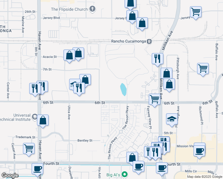 map of restaurants, bars, coffee shops, grocery stores, and more near 9199 Cleveland Avenue in Rancho Cucamonga