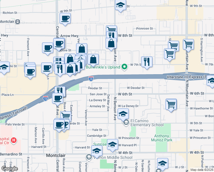 map of restaurants, bars, coffee shops, grocery stores, and more near 5626 Deodar Street in Montclair