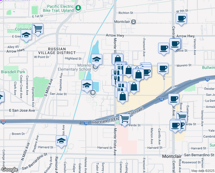 map of restaurants, bars, coffee shops, grocery stores, and more near 9200 Monte Vista Avenue in Montclair