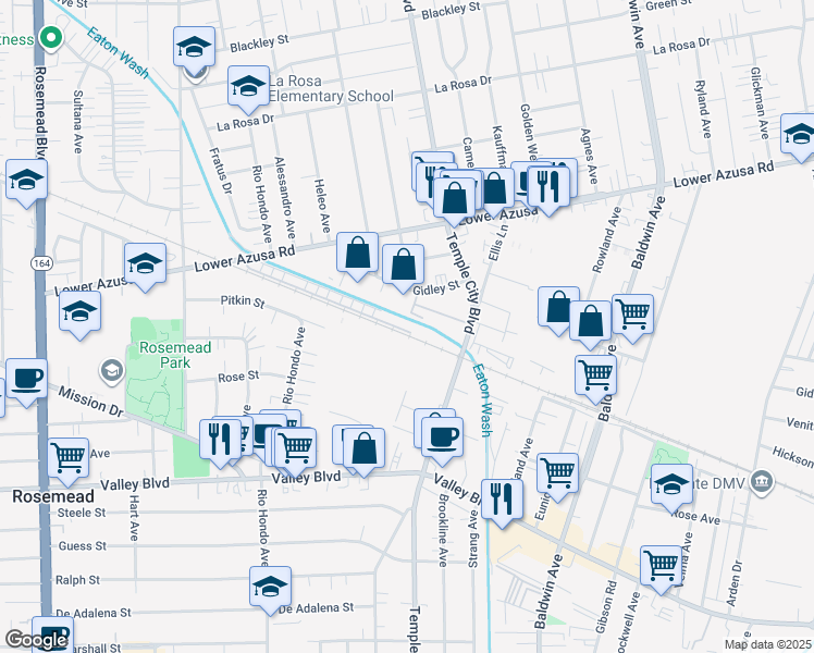 map of restaurants, bars, coffee shops, grocery stores, and more near 91 Linden Lane in Temple City