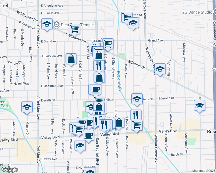 map of restaurants, bars, coffee shops, grocery stores, and more near 1202 South Gladys Avenue in San Gabriel