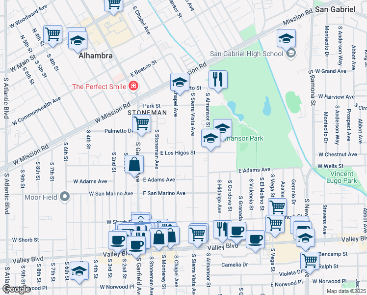 map of restaurants, bars, coffee shops, grocery stores, and more near 315 East Los Higos Street in Alhambra