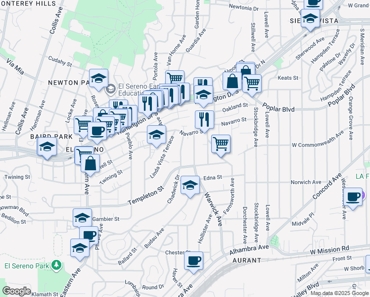 map of restaurants, bars, coffee shops, grocery stores, and more near 3504 Chadwick Drive in Los Angeles