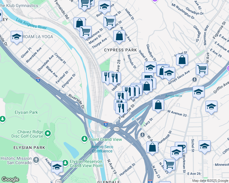 map of restaurants, bars, coffee shops, grocery stores, and more near 2616 Idell Street in Los Angeles