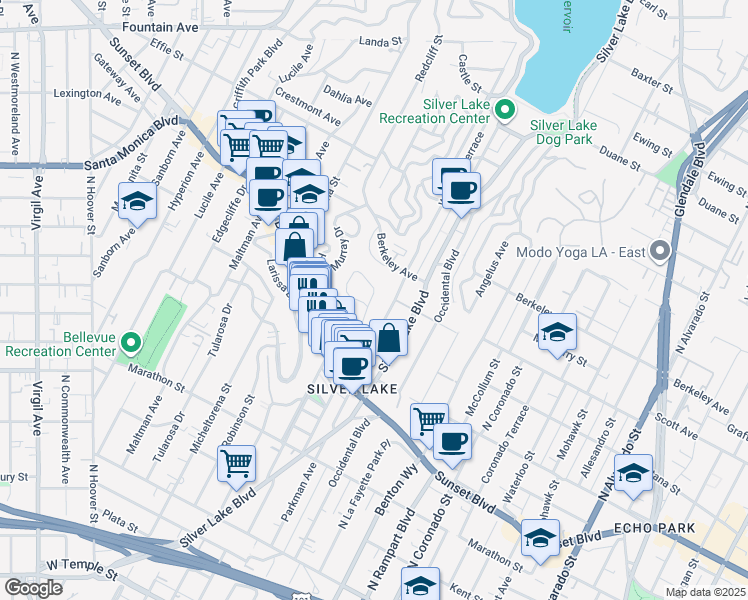 map of restaurants, bars, coffee shops, grocery stores, and more near 1445 Westerly Terrace in Los Angeles