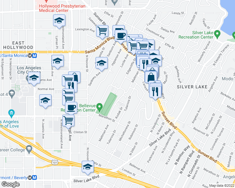 map of restaurants, bars, coffee shops, grocery stores, and more near 951 Edgecliffe Drive in Los Angeles