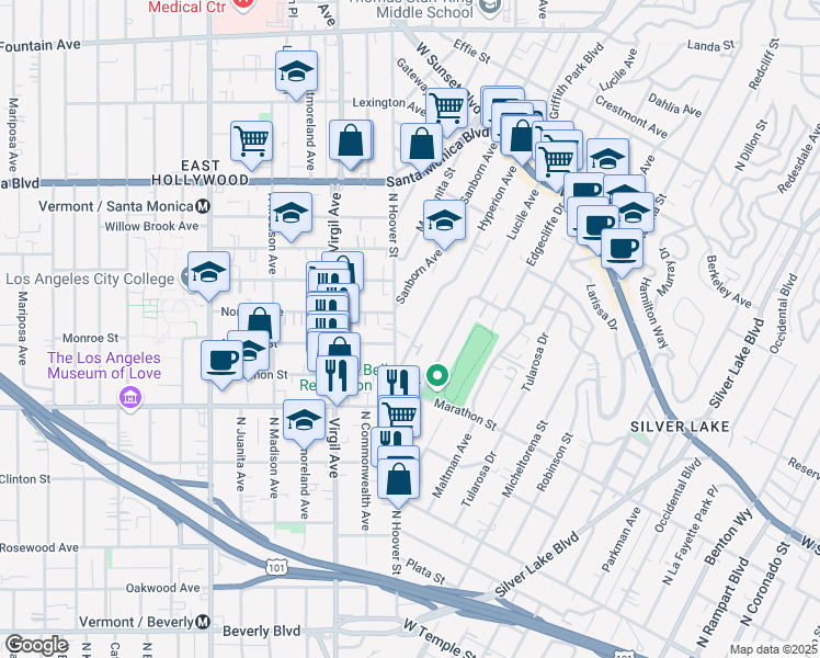 map of restaurants, bars, coffee shops, grocery stores, and more near 803 Hyperion Avenue in Los Angeles