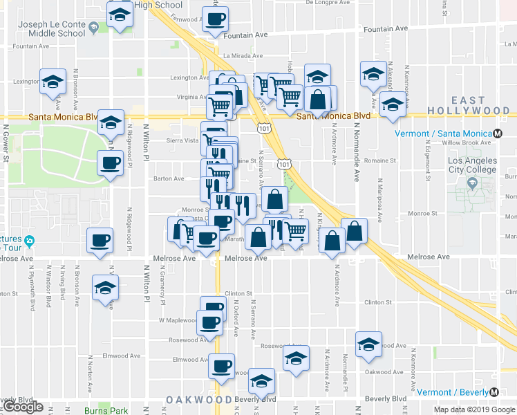 map of restaurants, bars, coffee shops, grocery stores, and more near 5034 Lemon Grove Avenue in Los Angeles