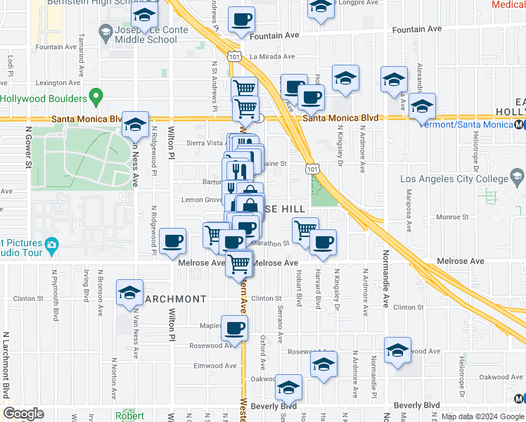 map of restaurants, bars, coffee shops, grocery stores, and more near in Los Angeles
