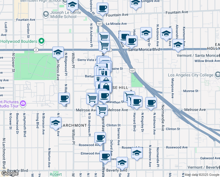 map of restaurants, bars, coffee shops, grocery stores, and more near in Los Angeles