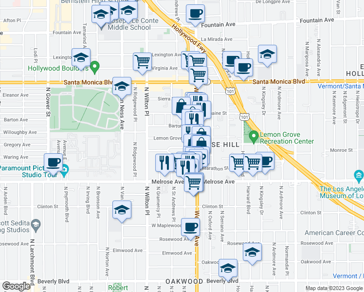 map of restaurants, bars, coffee shops, grocery stores, and more near 5352 Monroe Street in Los Angeles