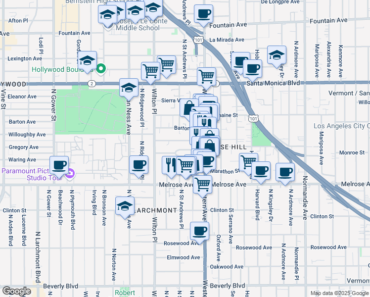 map of restaurants, bars, coffee shops, grocery stores, and more near 5352 Monroe Street in Los Angeles
