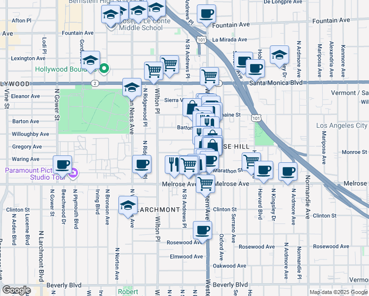 map of restaurants, bars, coffee shops, grocery stores, and more near 5352 Monroe Street in Los Angeles