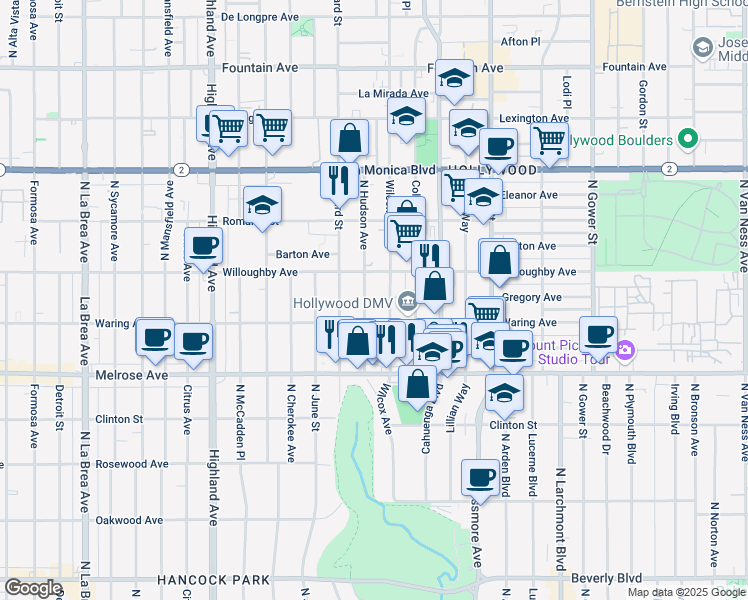 map of restaurants, bars, coffee shops, grocery stores, and more near 816 North Hudson Avenue in Los Angeles