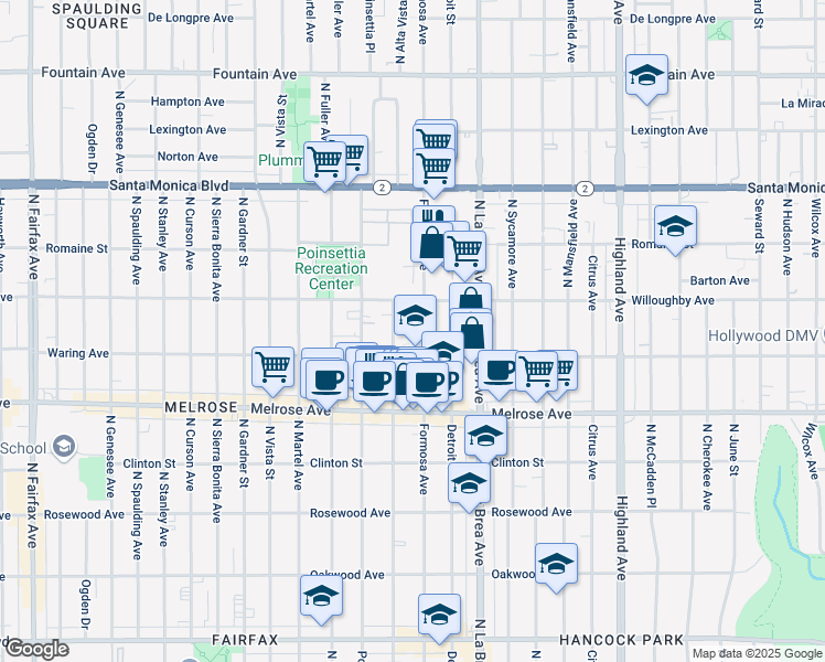 map of restaurants, bars, coffee shops, grocery stores, and more near 822 North Alta Vista Boulevard in West Hollywood