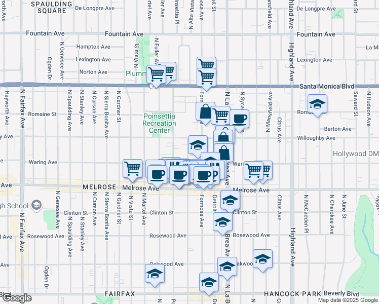 map of restaurants, bars, coffee shops, grocery stores, and more near 822 North Alta Vista Boulevard in West Hollywood