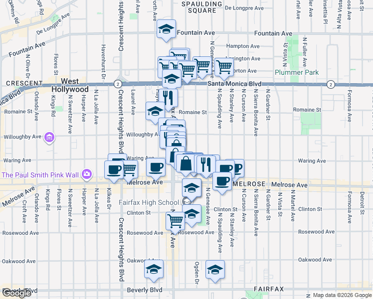 map of restaurants, bars, coffee shops, grocery stores, and more near 814 North Orange Grove Avenue in Los Angeles