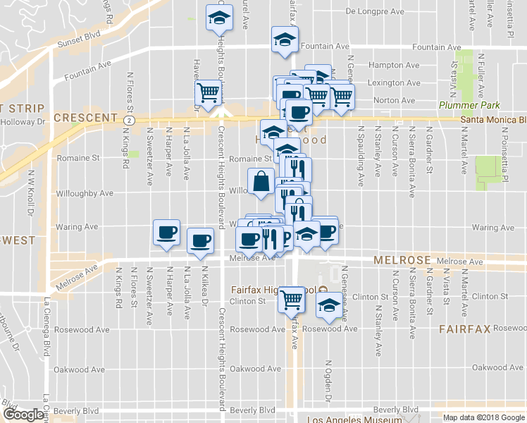 map of restaurants, bars, coffee shops, grocery stores, and more near 812 North Edinburgh Avenue in Los Angeles