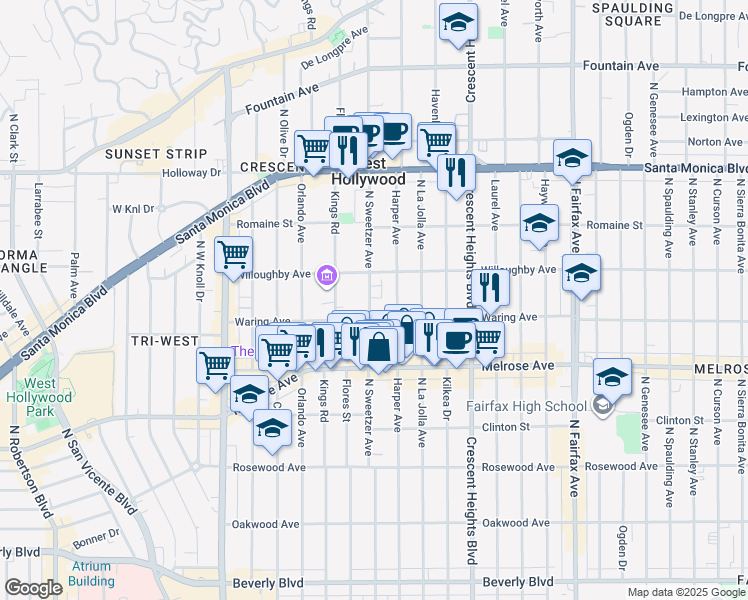 map of restaurants, bars, coffee shops, grocery stores, and more near 819 North Harper Avenue in Los Angeles
