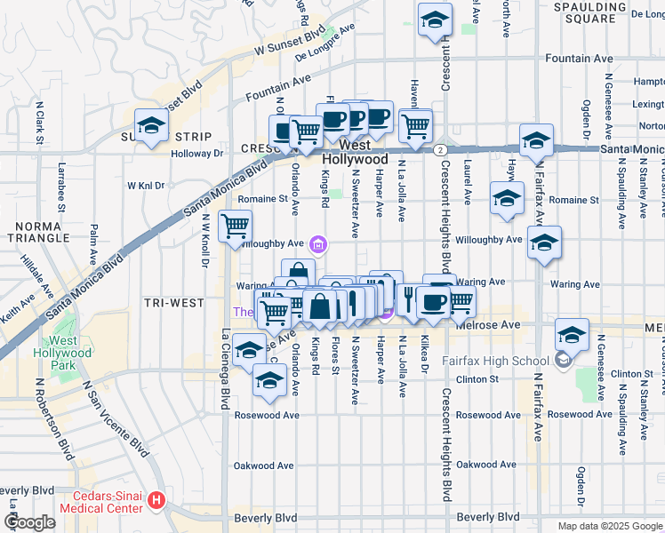 map of restaurants, bars, coffee shops, grocery stores, and more near 826 North Kings Road in West Hollywood