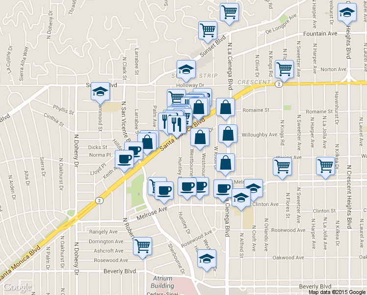 map of restaurants, bars, coffee shops, grocery stores, and more near 833 Westbourne Drive in West Hollywood