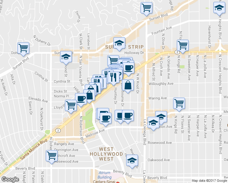 map of restaurants, bars, coffee shops, grocery stores, and more near in West Hollywood