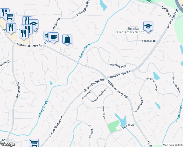 map of restaurants, bars, coffee shops, grocery stores, and more near 570 Oxford Close in Alpharetta